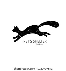 Vector Icon Style Illustration of Adopt a Pet Banner, New Owner, Domestic Animal Farm, Hotel, Isolated Minimalistic Object. Running black cat with grain texture on white background