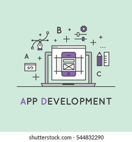Vector Icon Style Illustration of Application Development Process. Interface, layout and performance optimization progress