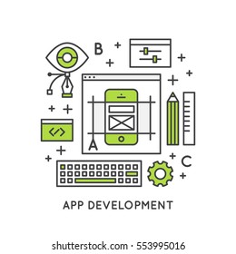 Vector Icon Style Illustration of Application Development Process. Interface, layout and performance optimization progress
