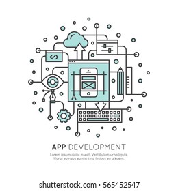 Vector Icon Style Illustration of Application Development Process. Interface, layout and performance optimization progress