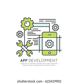Vector Icon Style Illustration of Application Development Process. Interface, layout and performance optimization progress