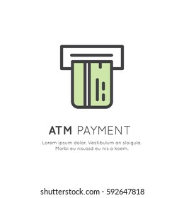 Vector Icon Style Illustration of  ATM Machine Automatic Payment using Debit or Credit Card, Secure Deposit, Withdraw Cash