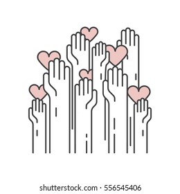 Vector Icon Style Illustration Background Card Or Poster Template With Charity And Fundraising Objects. Volunteer Poster. Fundraising Event Brochure Template. Hand Helping Heart