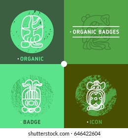 Vector Icon Style Illustration badge for Organic Vegan Healthy Shop or Store. Green Natural Vegetable and Wood Symbols, Farmer Market Countryside with natural Green texture.