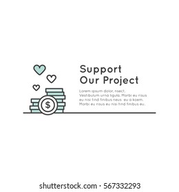 Vector Icon Style Illustration Banner Template For Web Site With Donation Button And Support Slogan, Donate For Project And Developers, Send Money To Help