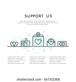 Vector Icon Style Illustration Banner Template for Web Site with Donation Button and Support Slogan, Donate for Project and Developers, Send Money to Help