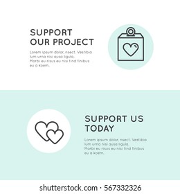 Vector Icon Style Illustration Banner Template for Web Site with Donation Button and Support Slogan, Donate for Project and Developers, Send Money to Help