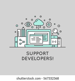 Vector Icon Style Illustration Banner Template for Web Site with Donation Button and Support Slogan, Donate for Project and Developers, Send Money to Help