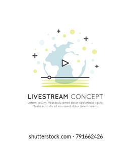 Vector Icon Style Illustration Banner Template of Online Broadcast, Livestream Playback with Play Button and Globe, Minimalistic Isolated Element