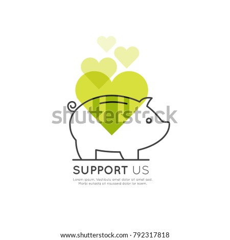 Vector Icon Style Illustration Banner Template for Web Site with Donation Button and Support Slogan, Donate for Project and Developers, Send Money to Help
