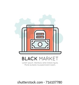 Vector Icon Style Illustration of Black Market, Internet Fraud and Hacking, Explicit Illegal Content and Data, Isolated Web Design Element