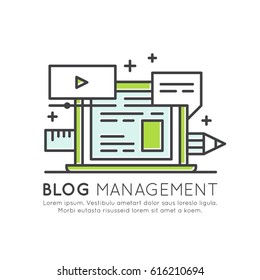 Vector Icon Style Illustration of Blog Posts Creation Process. Music, video, images and data web sharing concept, content management, Isolated background