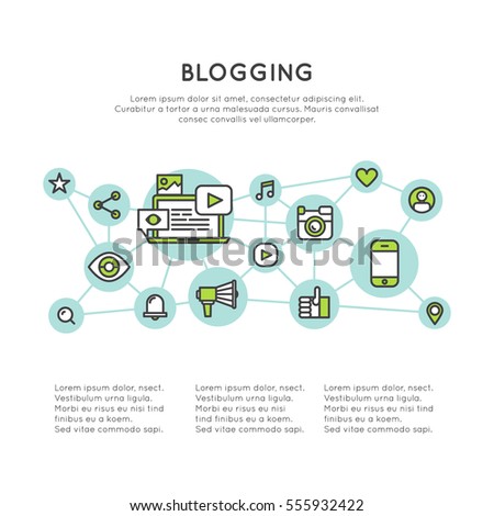 Vector Icon Style Illustration of Blog Posts Creation Process. Music, Video, Images and Data Web Sharing Concept
