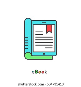 Vector Icon Style Illustration of Book Tablet Electronic Reader with Bookmark and Text