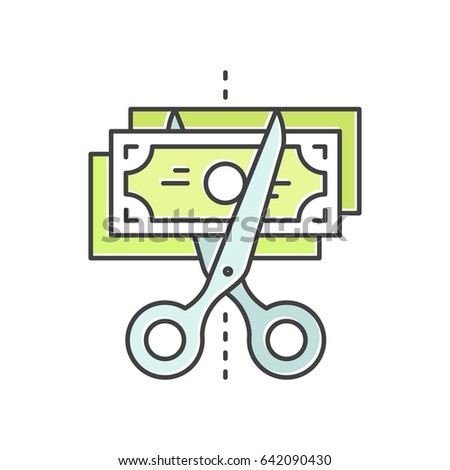 Vector Icon Style Illustration of Budget Cut, reduce costs, money saving concept, Credit or Debit Card Payment, Cash and Coin, Profit and Revenue