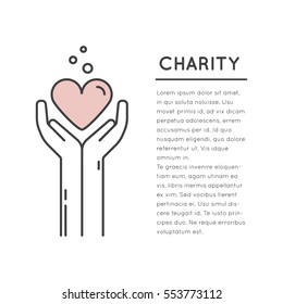 Vector Icon Style Illustration Card Or Poster Template With Charity And Fundraising Objects. Volunteer Poster. Fundraising Event Broshure Template.