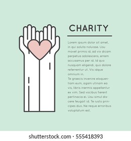Vector Icon Style Illustration Card or Poster Template with Charity and Fundraising Objects. Volunteer Poster. Funsraising Event Brochure Template.