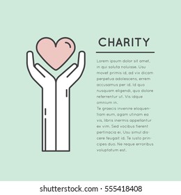 Vector Icon Style Illustration Card or Poster Template with Charity and Fundraising Objects. Volunteer Poster. Funsraising Event Brochure Template.