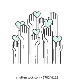 Vector Icon Style Illustration Card or Poster Template with Charity and Fundraising Objects. Volunteer Poster. Rising Hands for Help, Funsraising Event Brochure Template