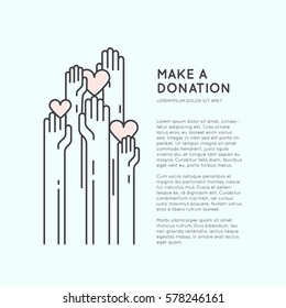 Vector Icon Style Illustration Card or Poster Template with Charity and Fundraising Objects. Volunteer Poster. Rising Hands for Help, Funsraising Event Brochure Template