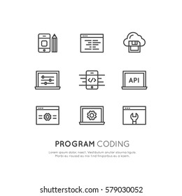 Vector Icon Style Illustration Card Logo Set of Program Coding App for Mobile and Web, SEO, Optimization, IT Development Process, Simple Isolated Symbols for Web and Mobile App