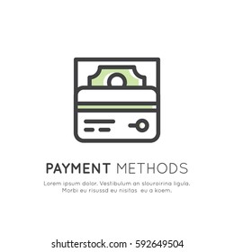 Vector Icon Style Illustration of Cash and Plastic Credit or Debit Card Payment Methods, Isolated Simple Template