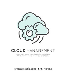 Vector Icon Style Illustration Of Cloud Computing Technology, Hosting, Cloud Management, Data Security, Server Storage, Api, Mobile And Desktop Memory, Isolated Web Design Icon