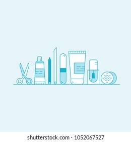 Vector Icon Style Illustration Concept One Page Web Site Template for Gel Manicure Pedicure Salon or Shop, Isolated Objects, Nail and Finger Supplies and Tools