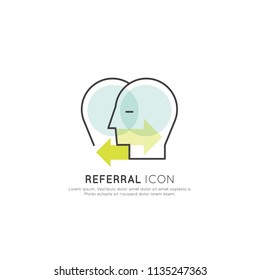 Vector Icon Style Illustration Concept of Business Relations Referral Concept, Two Human Heads Connected with Arrows, Sharing and Forwarding Concept, Isolated Symbols for Web and Mobile