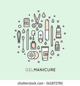 Vector Icon Style Illustration Concept for Gel Manicure Pedicure Salon or Shop Web Site Page, Isolated Objects, Nail and Finger Supplies and Tools