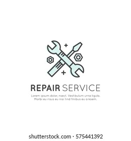 Vector Icon Style Illustration Concept of repair company or plumbing service, maintenance office, Isolated Logo