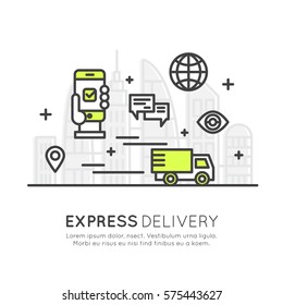 Vector Icon Style Illustration Concept of Quick Express Delivery Service with Mobile Tracking and Fast Purchase, Smart System, Location, Customer Support, Guarantee