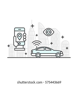 Vector Icon Style Illustration Concept Of Rent A Car, Purchase A Cab, Auto Tracking, Smart Mobile App, Wireless Connection To A Vehicle, Signaling And Security