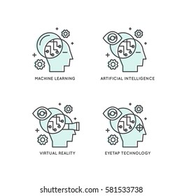 Diseño de ilustración de icono vector Concepto de aprendizaje de máquinas, inteligencia artificial, realidad virtual, tecnología EyeTap del futuro, símbolos aislados para web y móvil