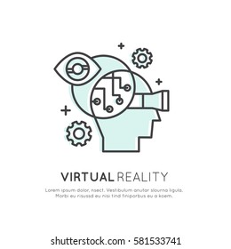 Vector Icon Style Illustration Concept of Machine Learning, Artificial Intelligence, Virtual Reality, EyeTap Technology of Future, Isolated Symbols for Web and Mobile