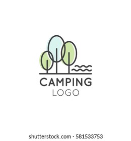 Vector Icon Style Illustration Concept Logo of Camping, Countryside, Trees in a Park near a Lake or River, Isolated Symbols for Web and Mobile