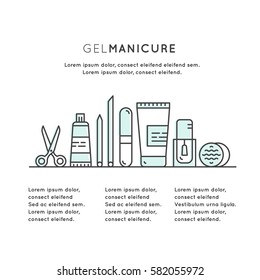 Vector Icon Style Illustration Concept One Page Web Site Template for Gel Manicure Pedicure Salon or Shop, Isolated Objects, Nail and Finger Supplies and Tools