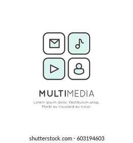 Vector Icon Style Illustration Concept of Multimedia Application, Messenger, Video and Music Player, Social Network Vidget, Mobile and Desktop Application Development