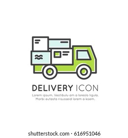 Vector Icon Style Illustration Concept of Quick Express Delivery Service with Mobile Tracking and Fast Purchase, Smart System, Location, Customer Support, Guarantee