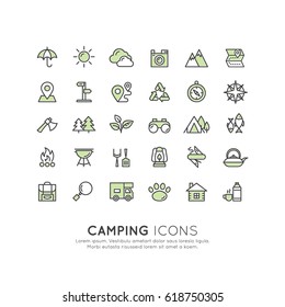 Vector Icon Style Illustration Concept of Camping Outdoor Activity Tools, Isolated Object