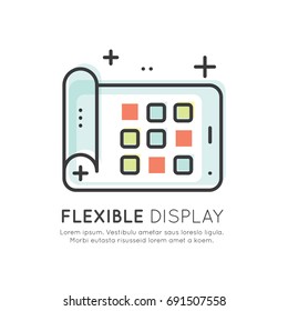 Vector Icon Style Illustration Concept of Flexible Display Pad with App Symbols, Technology of Future, Isolated Symbols for Web and Mobile