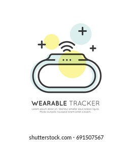 Vector Icon Style Illustration Concept Of Wearable Tracker, Step And Calories Counter, Heart Rate, Technology Of Future, Isolated Symbols For Web And Mobile