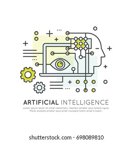 Vector Icon Style Illustration Concept of Machine Learning, Artificial Intelligence, Virtual Reality, EyeTap Technology of Future, Isolated Symbols for Web and Mobile