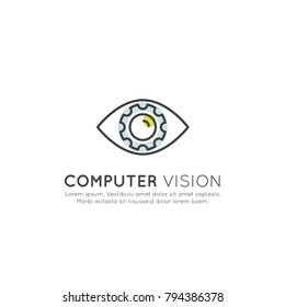 Vector Icon Style Illustration Concept of Computer Vision, Machine Learning, Artificial Intelligence, Virtual Reality, EyeTap Technology of Future, Isolated Symbols for Web and Mobile