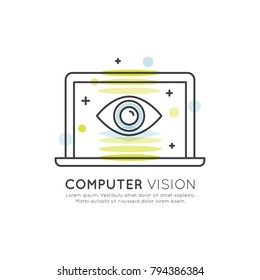 Vector Icon Style Illustration Concept of Computer Vision, Machine Learning, Artificial Intelligence, Virtual Reality, EyeTap Technology of Future, Isolated Symbols for Web and Mobile
