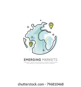 Vector Icon Style Illustration Concept of Emerging Market, BRIC Countries, Globe with Geo Tag Symbols, Mobile and Desktop Application Development