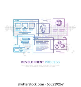 Vector Icon Style Illustration of Development, Web Site Programming, SEO, Wireframing and Designing Process, Isolated Map Background for Web and Mobile
