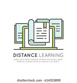 Vector Icon Style Illustration of Electronic Online Learning Graduation Degree, Distance Information, Study Material, Internet Knowledge, Isolated Banner