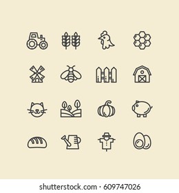 Vector Icon Style Illustration of Farm Symbols, Country Building, Household Tools, Pets and Domestic Animals, Isolated Minimalistic Object