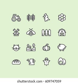 Vector Icon Style Illustration of Farm Symbols, Country Building, Household Tools, Pets and Domestic Animals, Isolated Minimalistic Object